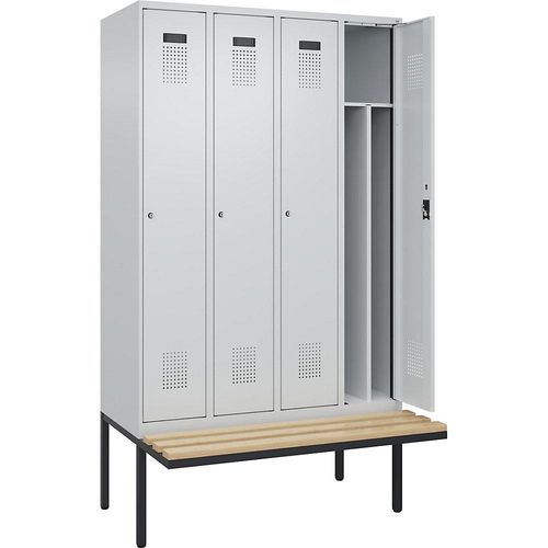 4068192282693 - Schwarz-Weiß-Spind Evolo PLUS Sitzbank schmal 4 Abteile Trennwand verkürzt lichtgrau   lichtgrau B 1200 mm Zylinderschloss mit auskragender Sitzbank Buche kaiserkraft