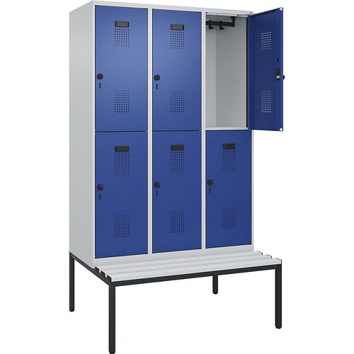 4068192357216 - Doppelstock-Spind Evolo PLUS Sitzbank 3 Abteile lichtgrau   enzianblau B 1200 mm Sicherheits-Drehriegel mit untergebauter Sitzbank Kunststoff kaiserkraft
