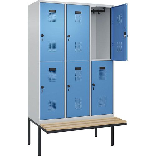 4068192157250 - Doppelstock-Spind Evolo PLUS Sitzbank 3 Abteile lichtgrau   lichtblau B 1200 mm Sicherheits-Drehriegel mit auskragender Sitzbank Buche kaiserkraft