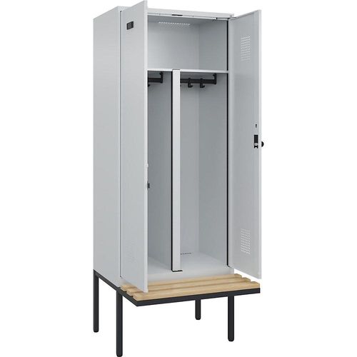 4068192197911 - Schwarz-Weiß-Spind Evolo PLUS Sitzbank 2 Abteile Trennwand verkürzt lichtgrau   lichtgrau B 800 mm Sicherheits-Drehriegel mit auskragender Sitzbank Buche kaiserkraft