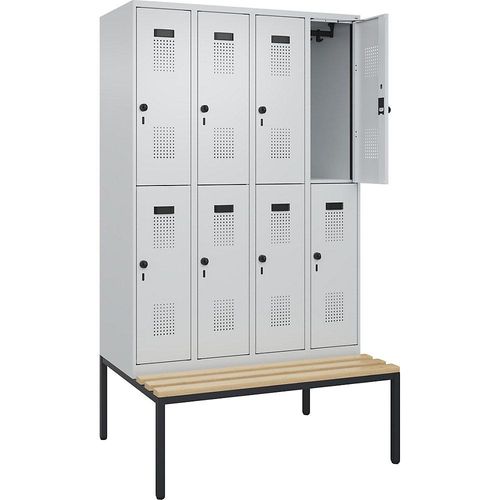 4068192196846 - Doppelstock-Spind Evolo PLUS Sitzbank 4 Abteile lichtgrau lichtgrau B 1200 mm Sicherheits-Drehriegel mit untergebauter Sitzbank Buche kaiserkraft 4068192196846 - Doppelstock-Spind Evolo PLUS Sitzbank 4 Abteile lichtgrau lichtgrau B 1200 mm Sicherheits-Drehriegel mit untergebauter Sitzbank Buche kaiserkraft