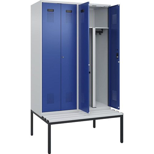 4068192388937 - Schwarz-Weiß-Spind Evolo PLUS Sitzbank 4 Abteile Trennwand verkürzt lichtgrau   enzianblau B 1200 mm Zylinderschloss mit untergebauter Sitzbank Kunststoff kaiserkraft