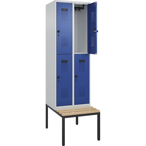 4068192155386 - Doppelstock-Spind Evolo PLUS Sitzbank 2 Abteile lichtgrau   enzianblau B 600 mm Sicherheits-Drehriegel mit untergebauter Sitzbank Buche kaiserkraft