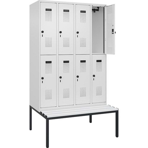 4068192372974 - Doppelstock-Spind Evolo PLUS Sitzbank 4 Abteile weiß B 1200 mm Sicherheits-Drehriegel mit untergebauter Sitzbank Kunststoff kaiserkraft 4068192372974 - Doppelstock-Spind Evolo PLUS Sitzbank 4 Abteile weiß B 1200 mm Sicherheits-Drehriegel mit untergebauter Sitzbank Kunststoff kaiserkraft