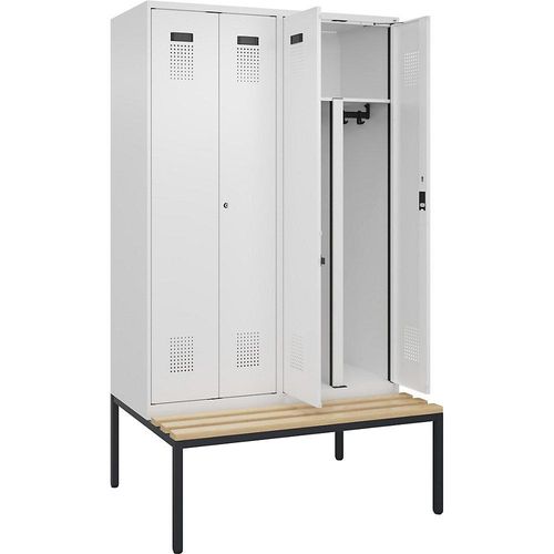 4068192303053 - Schwarz-Weiß-Spind Evolo PLUS Sitzbank 4 Abteile Trennwand verkürzt weiß B 1200 mm Zylinderschloss mit untergebauter Sitzbank Buche kaiserkraft