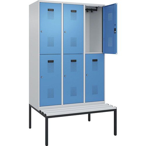 4068192389286 - Doppelstock-Spind Evolo PLUS Sitzbank 3 Abteile lichtgrau   lichtblau B 1200 mm Zylinderschloss mit untergebauter Sitzbank Kunststoff kaiserkraft