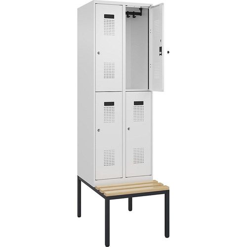 4068192302032 - Doppelstock-Spind Evolo PLUS Sitzbank 2 Abteile weiß B 600 mm Zylinderschloss mit untergebauter Sitzbank Buche kaiserkraft 4068192302032 - Doppelstock-Spind Evolo PLUS Sitzbank 2 Abteile weiß B 600 mm Zylinderschloss mit untergebauter Sitzbank Buche kaiserkraft