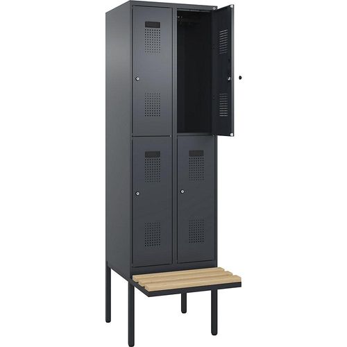 4068192286479 - Doppelstock-Spind Evolo PLUS Sitzbank 2 Abteile grau B 600 mm Zylinderschloss mit auskragender Sitzbank Buche kaiserkraft
