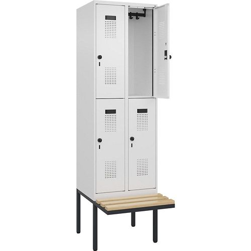 4068192218333 - Doppelstock-Spind Evolo PLUS Sitzbank 2 Abteile weiß B 600 mm Sicherheits-Drehriegel mit auskragender Sitzbank Buche kaiserkraft 4068192218333 - Doppelstock-Spind Evolo PLUS Sitzbank 2 Abteile weiß B 600 mm Sicherheits-Drehriegel mit auskragender Sitzbank Buche kaiserkraft
