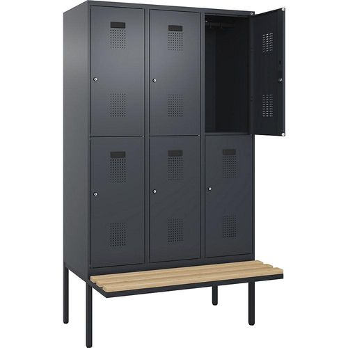 4068192286523 - Doppelstock-Spind Evolo PLUS Sitzbank 3 Abteile grau B 1200 mm Zylinderschloss mit auskragender Sitzbank Buche kaiserkraft 4068192286523 - Doppelstock-Spind Evolo PLUS Sitzbank 3 Abteile grau B 1200 mm Zylinderschloss mit auskragender Sitzbank Buche kaiserkraft