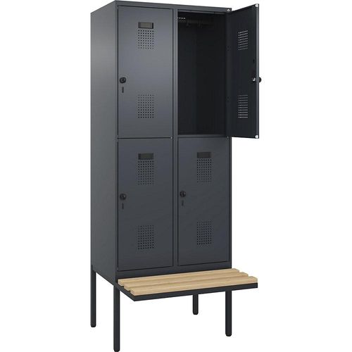 4068192200970 - Doppelstock-Spind Evolo PLUS Sitzbank 2 Abteile grau B 800 mm Sicherheits-Drehriegel mit auskragender Sitzbank Buche kaiserkraft