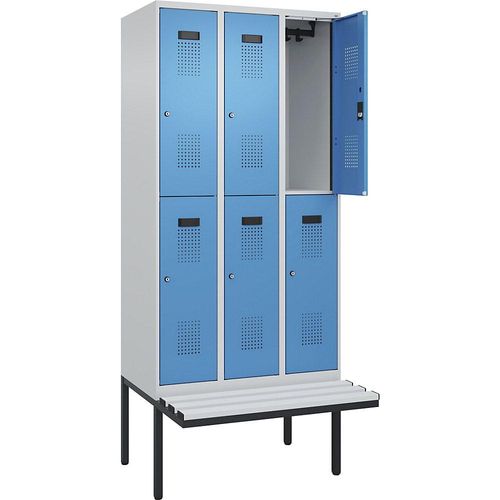 4068192389484 - Doppelstock-Spind Evolo PLUS Sitzbank 3 Abteile lichtgrau lichtblau B 900 mm Zylinderschloss mit auskragender Sitzbank Kunststoff kaiserkraft 4068192389484 - Doppelstock-Spind Evolo PLUS Sitzbank 3 Abteile lichtgrau lichtblau B 900 mm Zylinderschloss mit auskragender Sitzbank Kunststoff kaiserkraft