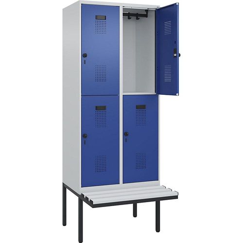 4068192357490 - Doppelstock-Spind Evolo PLUS Sitzbank 2 Abteile lichtgrau   enzianblau B 800 mm Sicherheits-Drehriegel mit auskragender Sitzbank Kunststoff kaiserkraft
