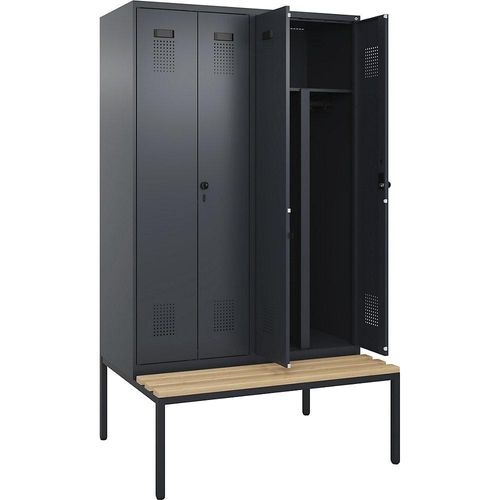 4068192201427 - Schwarz-Weiß-Spind Evolo PLUS Sitzbank 4 Abteile Trennwand verkürzt grau B 1200 mm Sicherheits-Drehriegel mit untergebauter Sitzbank Buche kaiserkraft