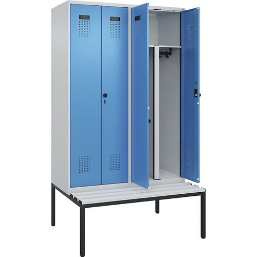 4068192359067 - Schwarz-Weiß-Spind Evolo PLUS Sitzbank 4 Abteile Trennwand verkürzt lichtgrau lichtblau B 1200 mm Sicherheits-Drehriegel mit untergebauter Sitzbank Kunststoff kaiserkraft 4068192359067 - Schwarz-Weiß-Spind Evolo PLUS Sitzbank 4 Abteile Trennwand verkürzt lichtgrau lichtblau B 1200 mm Sicherheits-Drehriegel mit untergebauter Sitzbank Kunststoff kaiserkraft