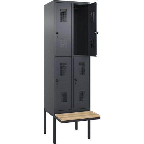 4068192200932 - Doppelstock-Spind Evolo PLUS Sitzbank 2 Abteile grau B 600 mm Sicherheits-Drehriegel mit auskragender Sitzbank Buche kaiserkraft