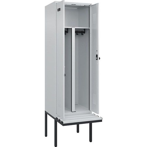 4068192365747 - Schwarz-Weiß-Spind Evolo PLUS Sitzbank 2 Abteile Trennwand verkürzt lichtgrau   lichtgrau B 600 mm Sicherheits-Drehriegel mit auskragender Sitzbank Kunststoff kaiserkraft