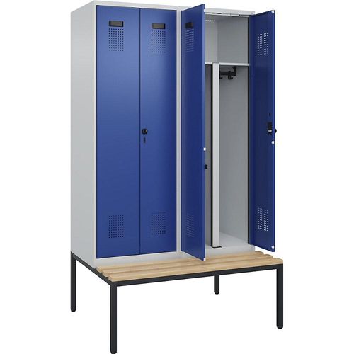 4068192156406 - Schwarz-Weiß-Spind Evolo PLUS Sitzbank 4 Abteile Trennwand verkürzt lichtgrau enzianblau B 1200 mm Sicherheits-Drehriegel mit untergebauter Sitzbank Buche kaiserkraft 4068192156406 - Schwarz-Weiß-Spind Evolo PLUS Sitzbank 4 Abteile Trennwand verkürzt lichtgrau enzianblau B 1200 mm Sicherheits-Drehriegel mit untergebauter Sitzbank Buche kaiserkraft