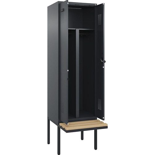 4068192201311 - Schwarz-Weiß-Spind Evolo PLUS Sitzbank 2 Abteile Trennwand verkürzt grau B 600 mm Sicherheits-Drehriegel mit auskragender Sitzbank Buche kaiserkraft