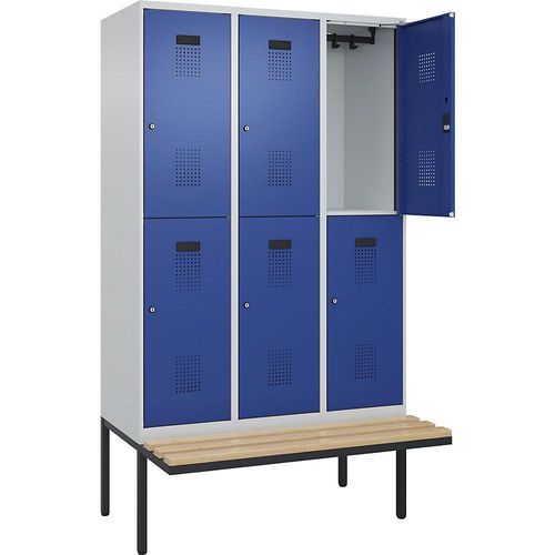 4068192261711 - Doppelstock-Spind Evolo PLUS Sitzbank 3 Abteile lichtgrau   enzianblau B 1200 mm Zylinderschloss mit auskragender Sitzbank Buche kaiserkraft