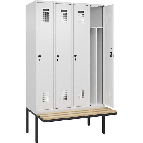 4068192218524 - Schwarz-Weiß-Spind Evolo PLUS Sitzbank schmal 4 Abteile Trennwand verkürzt weiß B 1200 mm Sicherheits-Drehriegel mit auskragender Sitzbank Buche kaiserkraft