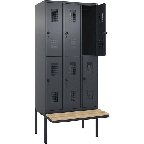 4068192200949 - Doppelstock-Spind Evolo PLUS Sitzbank 3 Abteile grau B 900 mm Sicherheits-Drehriegel mit auskragender Sitzbank Buche kaiserkraft