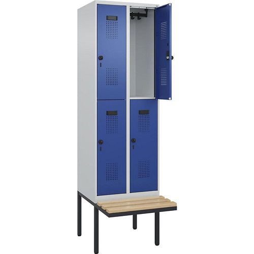 4068192155867 - Doppelstock-Spind Evolo PLUS Sitzbank 2 Abteile lichtgrau   enzianblau B 600 mm Sicherheits-Drehriegel mit auskragender Sitzbank Buche kaiserkraft