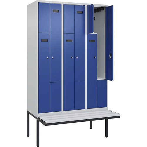 4068427101102 - Z-Spind Evolo PLUS Sitzbank 3 Abteile lichtgrau   enzianblau B 1200 mm Zylinderschloss mit auskragender Sitzbank Kunststoff kaiserkraft