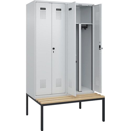 4068192197829 - Schwarz-Weiß-Spind Evolo PLUS Sitzbank 4 Abteile Trennwand verkürzt lichtgrau   lichtgrau B 1200 mm Sicherheits-Drehriegel mit untergebauter Sitzbank Buche kaiserkraft