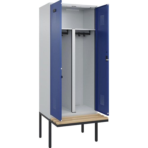 4068192262251 - Schwarz-Weiß-Spind Evolo PLUS Sitzbank 2 Abteile Trennwand verkürzt lichtgrau   enzianblau B 800 mm Zylinderschloss mit auskragender Sitzbank Buche kaiserkraft