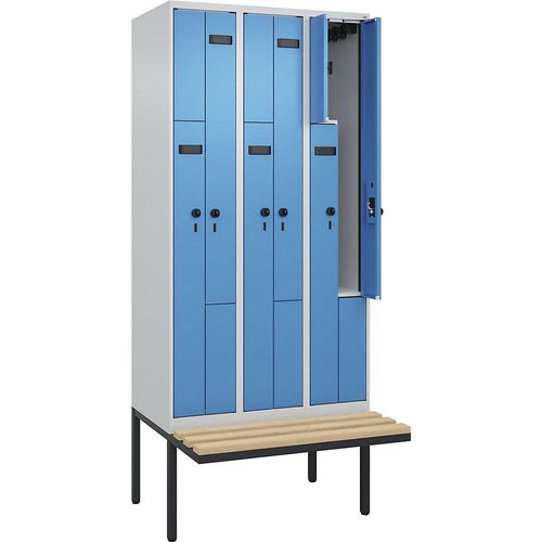 4068192929567 - Z-Spind Evolo PLUS Sitzbank 3 Abteile lichtgrau   lichtblau B 900 mm Sicherheits-Drehriegel mit auskragender Sitzbank Buche kaiserkraft