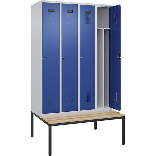 4068192261902 - Schwarz-Weiß-Spind Evolo PLUS Sitzbank schmal 4 Abteile Trennwand verkürzt lichtgrau enzianblau B 1200 mm Zylinderschloss mit untergebauter Sitzbank Buche kaiserkraft 4068192261902 - Schwarz-Weiß-Spind Evolo PLUS Sitzbank schmal 4 Abteile Trennwand verkürzt lichtgrau enzianblau B 1200 mm Zylinderschloss mit untergebauter Sitzbank Buche kaiserkraft