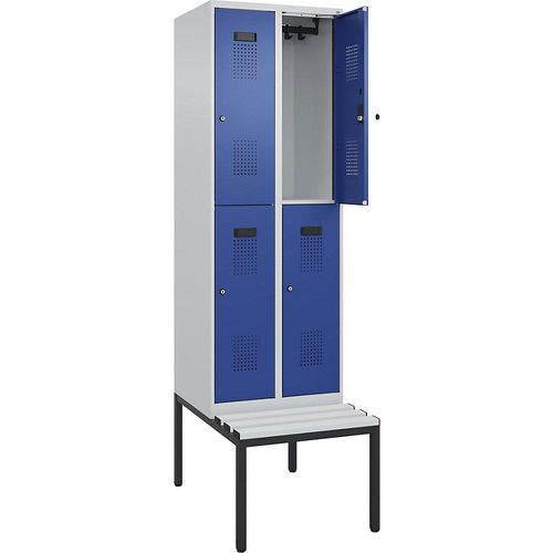 4068192388043 - Doppelstock-Spind Evolo PLUS Sitzbank 2 Abteile lichtgrau   enzianblau B 600 mm Zylinderschloss mit untergebauter Sitzbank Kunststoff kaiserkraft