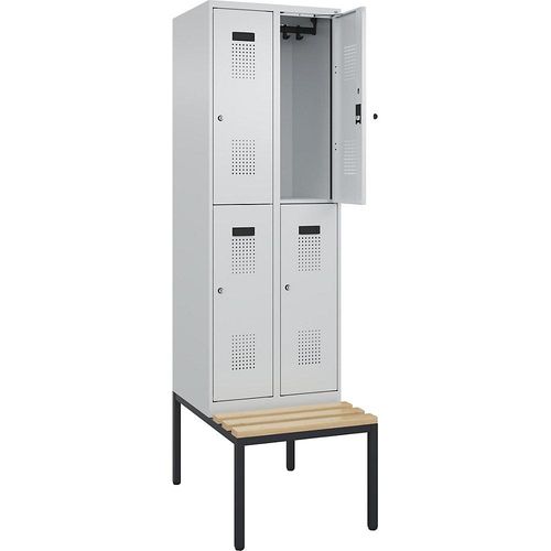4068192282006 - Doppelstock-Spind Evolo PLUS Sitzbank 2 Abteile lichtgrau   lichtgrau B 600 mm Zylinderschloss mit untergebauter Sitzbank Buche kaiserkraft