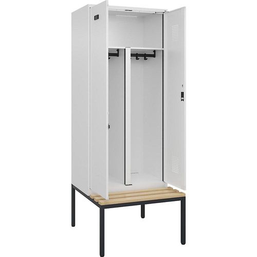 4068192303169 - Schwarz-Weiß-Spind Evolo PLUS Sitzbank 2 Abteile Trennwand verkürzt weiß B 800 mm Zylinderschloss mit untergebauter Sitzbank Buche kaiserkraft