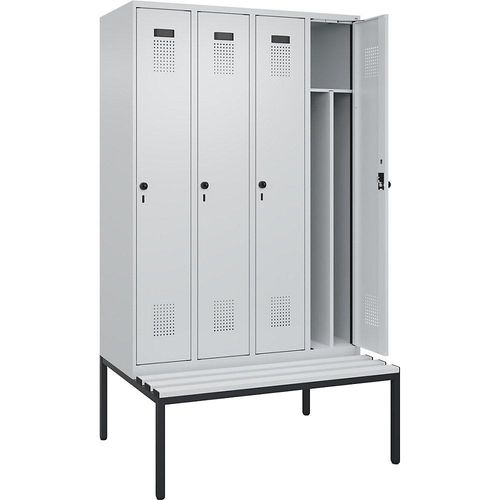 4068192365600 - Schwarz-Weiß-Spind Evolo PLUS Sitzbank schmal 4 Abteile Trennwand verkürzt lichtgrau   lichtgrau B 1200 mm Sicherheits-Drehriegel mit untergebauter Sitzbank Kunststoff kaiserkraft 4068192365600 - Schwarz-Weiß-Spind Evolo PLUS Sitzbank schmal 4 Abteile Trennwand verkürzt lichtgrau   lichtgrau B 1200 mm Sicherheits-Drehriegel mit untergebauter Sitzbank Kunststoff kaiserkraft