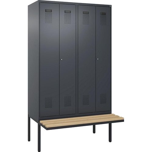 4068192286950 - Schwarz-Weiß-Spind Evolo PLUS Sitzbank 4 Abteile Trennwand verkürzt grau B 1200 mm Zylinderschloss mit auskragender Sitzbank Buche kaiserkraft