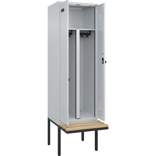 4068192197713 - Schwarz-Weiß-Spind Evolo PLUS Sitzbank 2 Abteile Trennwand verkürzt lichtgrau   lichtgrau B 600 mm Sicherheits-Drehriegel mit auskragender Sitzbank Buche kaiserkraft