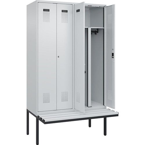 4068192396482 - Schwarz-Weiß-Spind Evolo PLUS Sitzbank 4 Abteile Trennwand verkürzt lichtgrau   lichtgrau B 1200 mm Zylinderschloss mit auskragender Sitzbank Kunststoff kaiserkraft