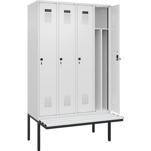 4068192373476 - Schwarz-Weiß-Spind Evolo PLUS Sitzbank schmal 4 Abteile Trennwand verkürzt weiß B 1200 mm Sicherheits-Drehriegel mit auskragender Sitzbank Kunststoff kaiserkraft