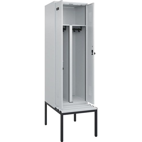 4068192365761 - Schwarz-Weiß-Spind Evolo PLUS Sitzbank 2 Abteile Trennwand verkürzt lichtgrau   lichtgrau B 600 mm Sicherheits-Drehriegel mit untergebauter Sitzbank Kunststoff kaiserkraft