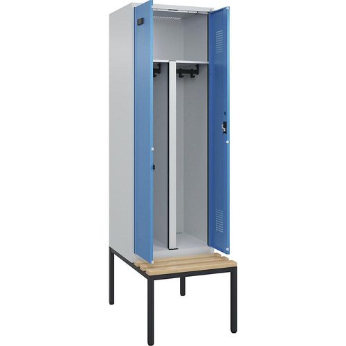 4068192263395 - Schwarz-Weiß-Spind Evolo PLUS Sitzbank 2 Abteile Trennwand verkürzt lichtgrau   lichtblau B 600 mm Zylinderschloss mit untergebauter Sitzbank Buche kaiserkraft