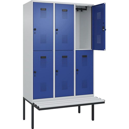 4068192357513 - Doppelstock-Spind Evolo PLUS Sitzbank 3 Abteile lichtgrau enzianblau B 1200 mm Sicherheits-Drehriegel mit auskragender Sitzbank Kunststoff kaiserkraft 4068192357513 - Doppelstock-Spind Evolo PLUS Sitzbank 3 Abteile lichtgrau enzianblau B 1200 mm Sicherheits-Drehriegel mit auskragender Sitzbank Kunststoff kaiserkraft