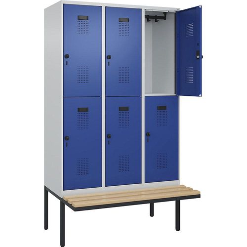 4068192155911 - Doppelstock-Spind Evolo PLUS Sitzbank 3 Abteile lichtgrau enzianblau B 1200 mm Sicherheits-Drehriegel mit auskragender Sitzbank Buche kaiserkraft 4068192155911 - Doppelstock-Spind Evolo PLUS Sitzbank 3 Abteile lichtgrau enzianblau B 1200 mm Sicherheits-Drehriegel mit auskragender Sitzbank Buche kaiserkraft