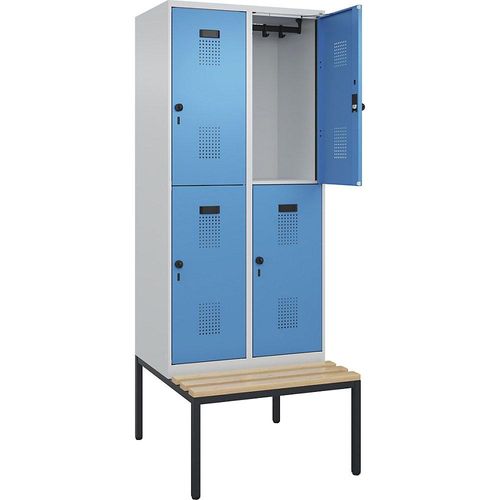 4068192156765 - Doppelstock-Spind Evolo PLUS Sitzbank 2 Abteile lichtgrau   lichtblau B 800 mm Sicherheits-Drehriegel mit untergebauter Sitzbank Buche kaiserkraft