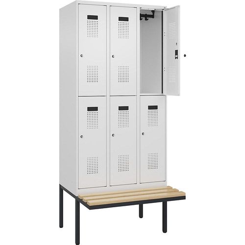 4068192302520 - Doppelstock-Spind Evolo PLUS Sitzbank 3 Abteile weiß B 900 mm Zylinderschloss mit auskragender Sitzbank Buche kaiserkraft 4068192302520 - Doppelstock-Spind Evolo PLUS Sitzbank 3 Abteile weiß B 900 mm Zylinderschloss mit auskragender Sitzbank Buche kaiserkraft