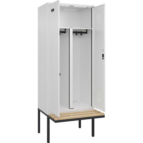 4068192303152 - Schwarz-Weiß-Spind Evolo PLUS Sitzbank 2 Abteile Trennwand verkürzt weiß B 800 mm Zylinderschloss mit auskragender Sitzbank Buche kaiserkraft