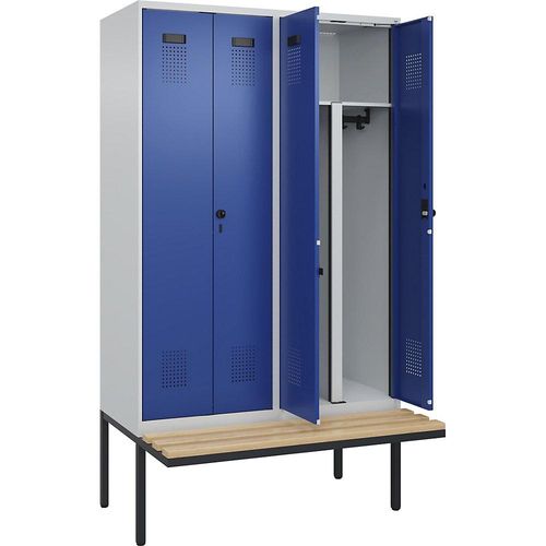 4068192156390 - Schwarz-Weiß-Spind Evolo PLUS Sitzbank 4 Abteile Trennwand verkürzt lichtgrau   enzianblau B 1200 mm Sicherheits-Drehriegel mit auskragender Sitzbank Buche kaiserkraft