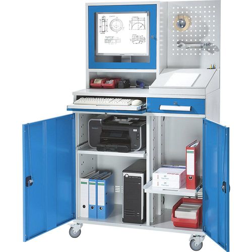 4061753033437 - eurokraft pro Computer-Arbeitsstation Stahlblech HxB 1770 x 1100 mm mit Monitorgehäuse Lochwand Pultaufsatz Türfarbe Lichtblau