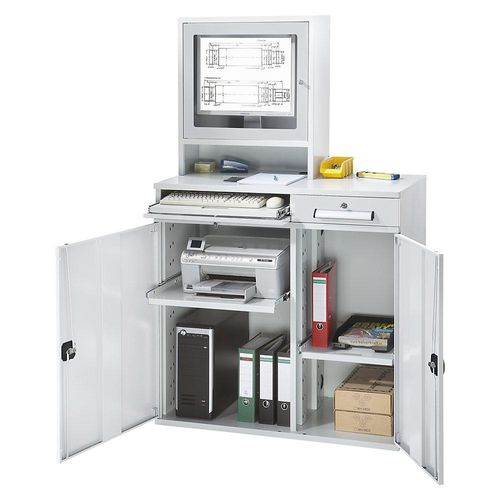 4061753033420 - eurokraft pro Computer-Arbeitsstation Stahlblech HxB 1770 x 1100 mm mit Monitorgehäuse Türfarbe Lichtgrau 4061753033420 - eurokraft pro Computer-Arbeitsstation Stahlblech HxB 1770 x 1100 mm mit Monitorgehäuse Türfarbe Lichtgrau